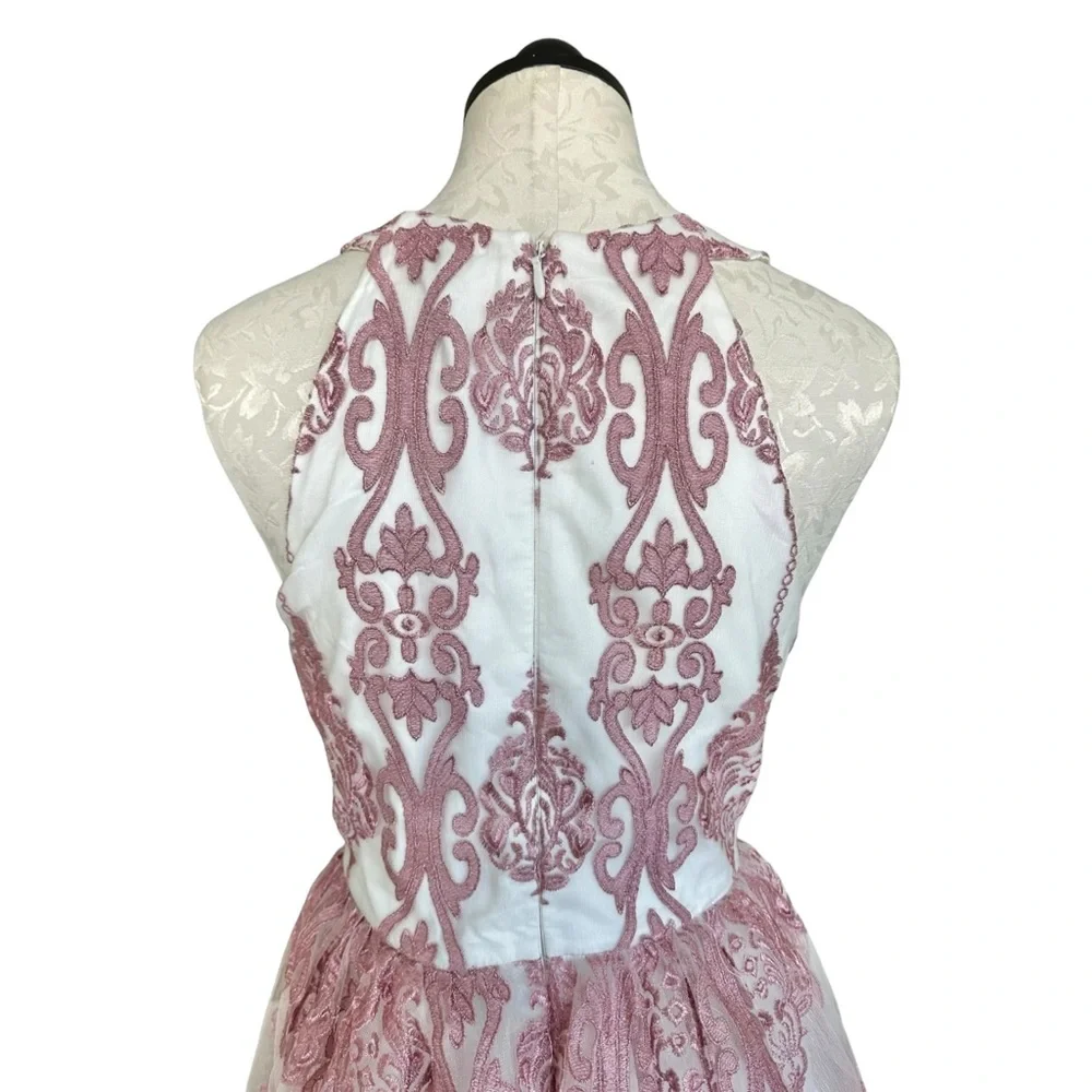 Chi Chi London NEW Pink Halter Dress Tulle Embroidered Overlay Damask Size 16 - Picture 7 of 16
